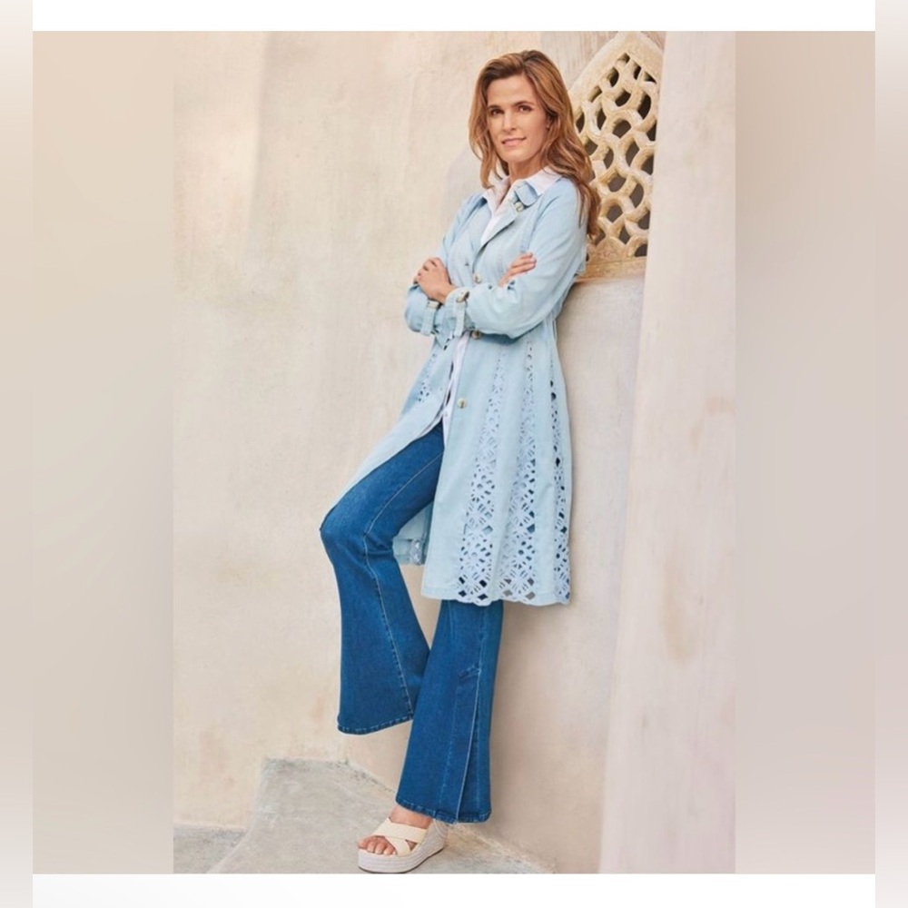 SOFT SURROUNDINGS Blue Chambray Denim Lace Trench Coat SIZE XS READ DESCRIPTION